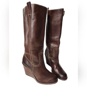 Frye Caroline Campus Leather Wedge Heel Tall Style Boots Size 9.5